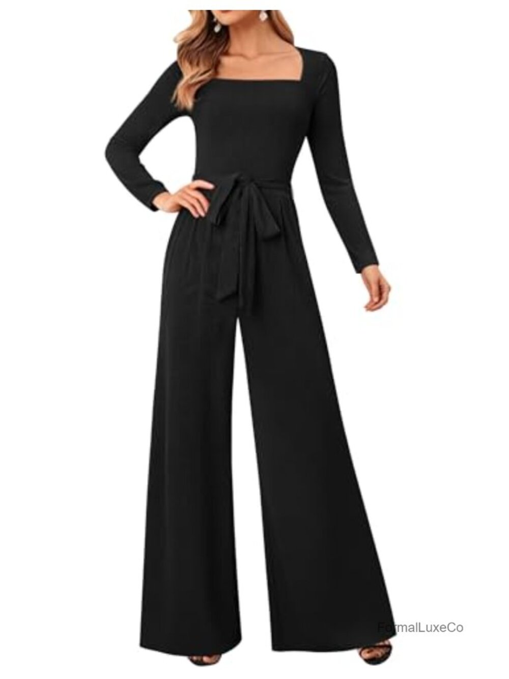 Women's Ribbed Wide Leg Long Sleeve Square Neck Belted Jumpsuit One Piece Outfit